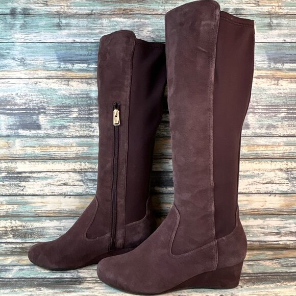 ROCKPORT Knee High Boot Womens 9.5M Brown Suede Stretch Calf Panel Pull On Wedge - Picture 2 of 15